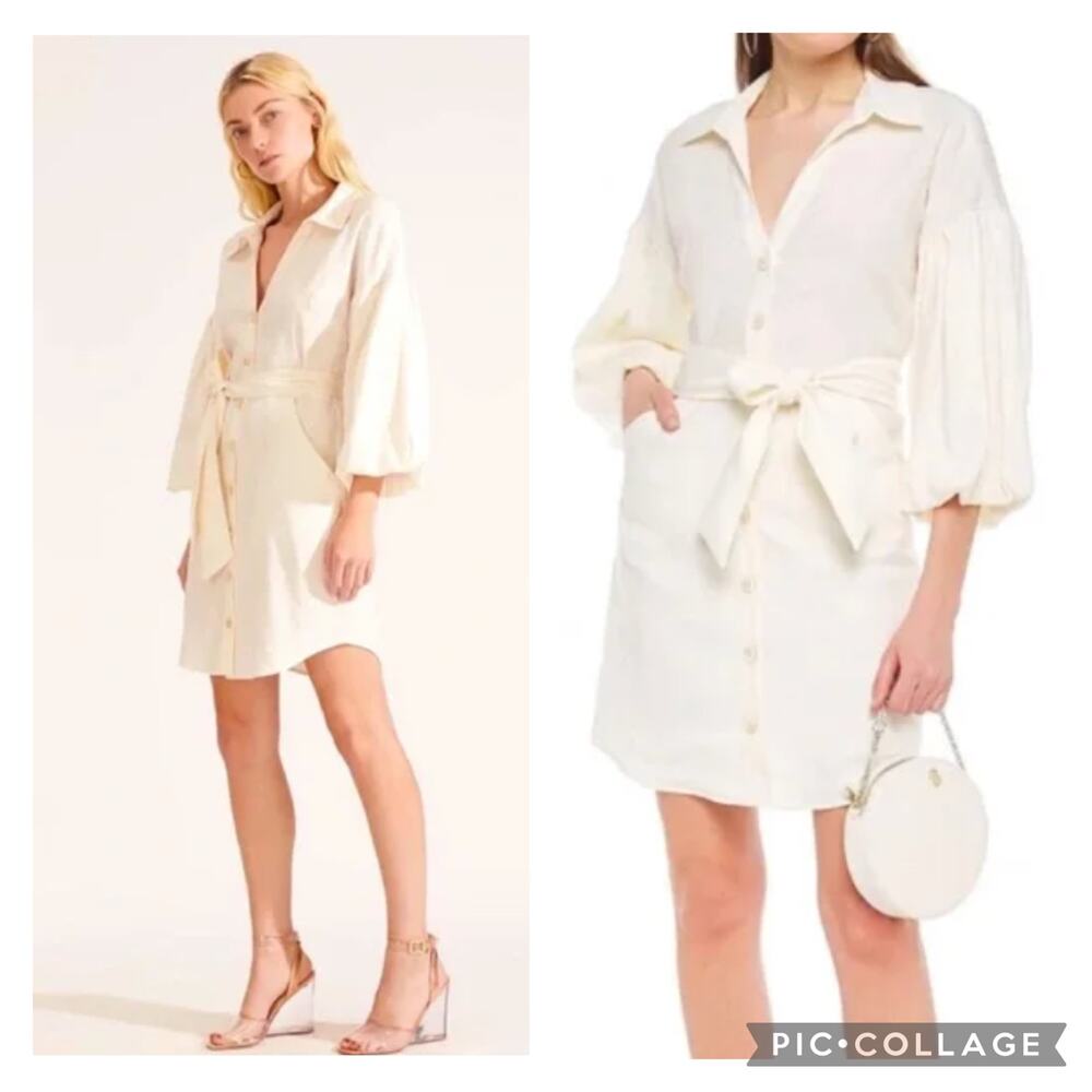 Veronica Beard Samy Linen Shirt Dress Long Puff Sleeves Cream Button Up sz 6
